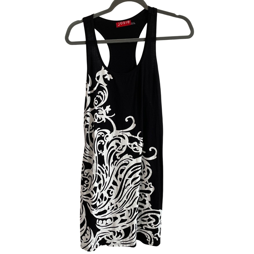 Josie Natori Womens Small Black White Scroll Paisley Racerback Tank Dress Jersey